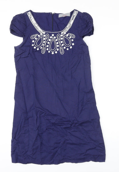 Dorothy Perkins Womens Blue Linen Sheath Size 6 Scoop Neck Zip - Beaded Detail