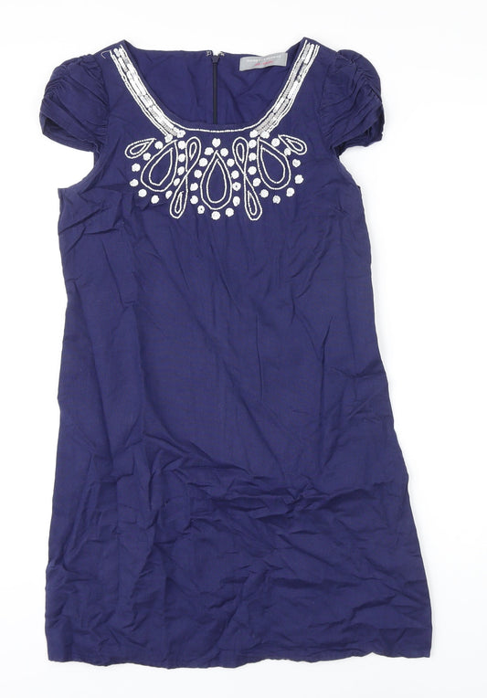 Dorothy Perkins Womens Blue Linen Sheath Size 6 Scoop Neck Zip - Beaded Detail