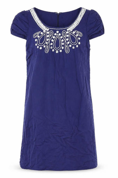 Dorothy Perkins Womens Blue Linen Sheath Size 6 Scoop Neck Zip - Beaded Detail