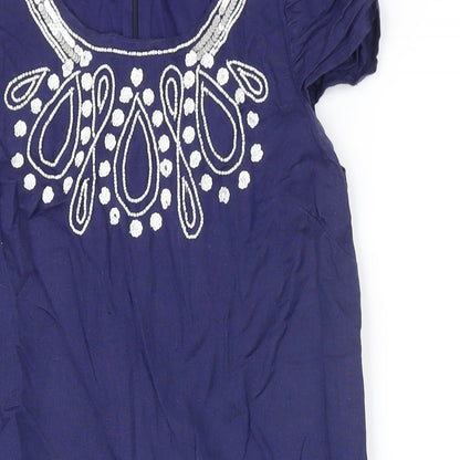 Dorothy Perkins Womens Blue Linen Sheath Size 6 Scoop Neck Zip - Beaded Detail