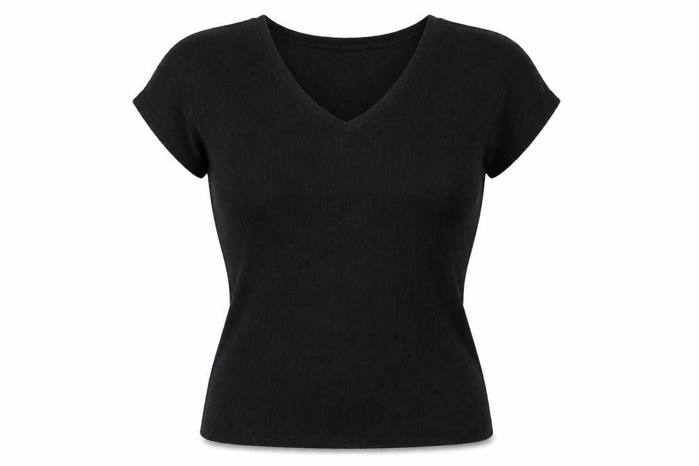 Marks & Spencer Womens Black Polyester Basic T-Shirt Size 14 V-Neck