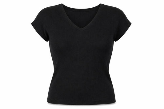 Marks & Spencer Womens Black Polyester Basic T-Shirt Size 14 V-Neck