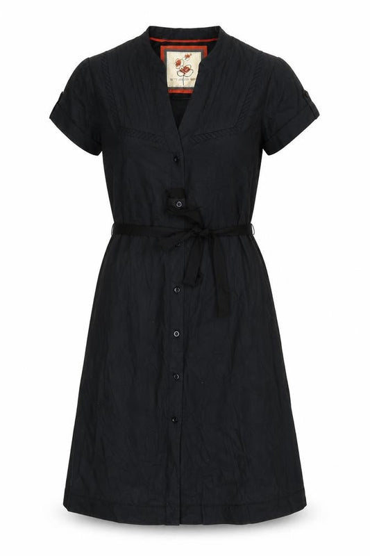 Front view of Betty Jackson women’s black cotton a-line, size UK 10, v-neck button