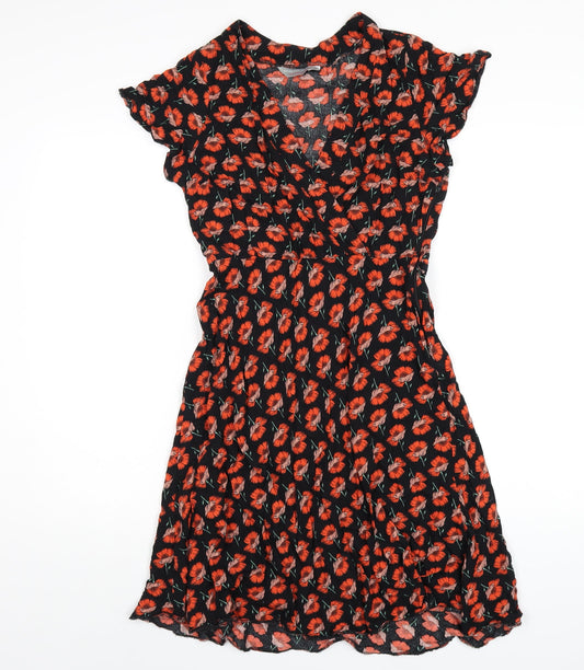 Dorothy Perkins Womens Black Floral Viscose A-Line Size 10 V-Neck Zip