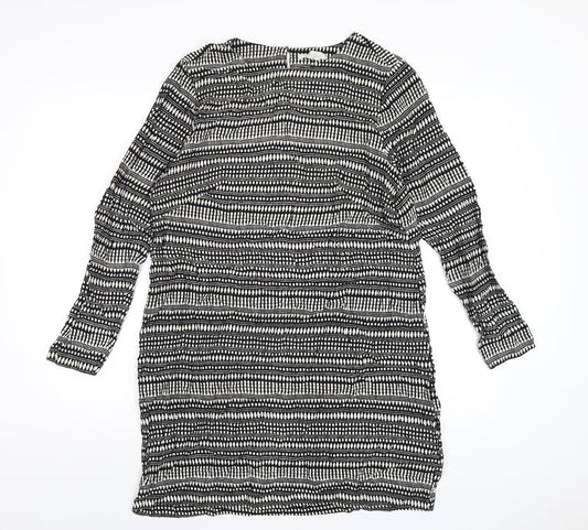 H&M Womens Black Geometric Viscose A-Line Size 14 Round Neck Button