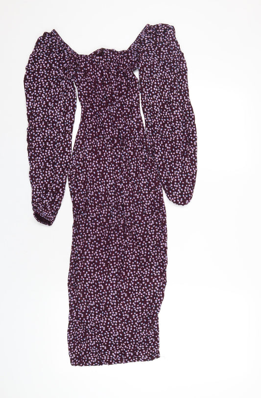 Missguided Womens Purple Floral Viscose Bodycon Size 4 Square Neck Pullover
