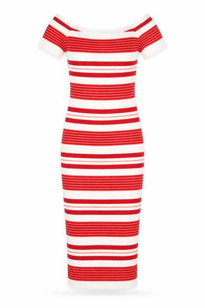 LU NYC Womens Red Striped Viscose Bodycon Size XS Boat Neck Pullover