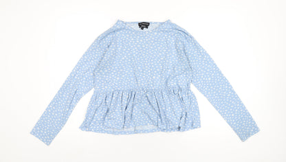 Wednesday's Girl Womens Blue Polka Dot Polyester Basic T-Shirt Size L Round Neck