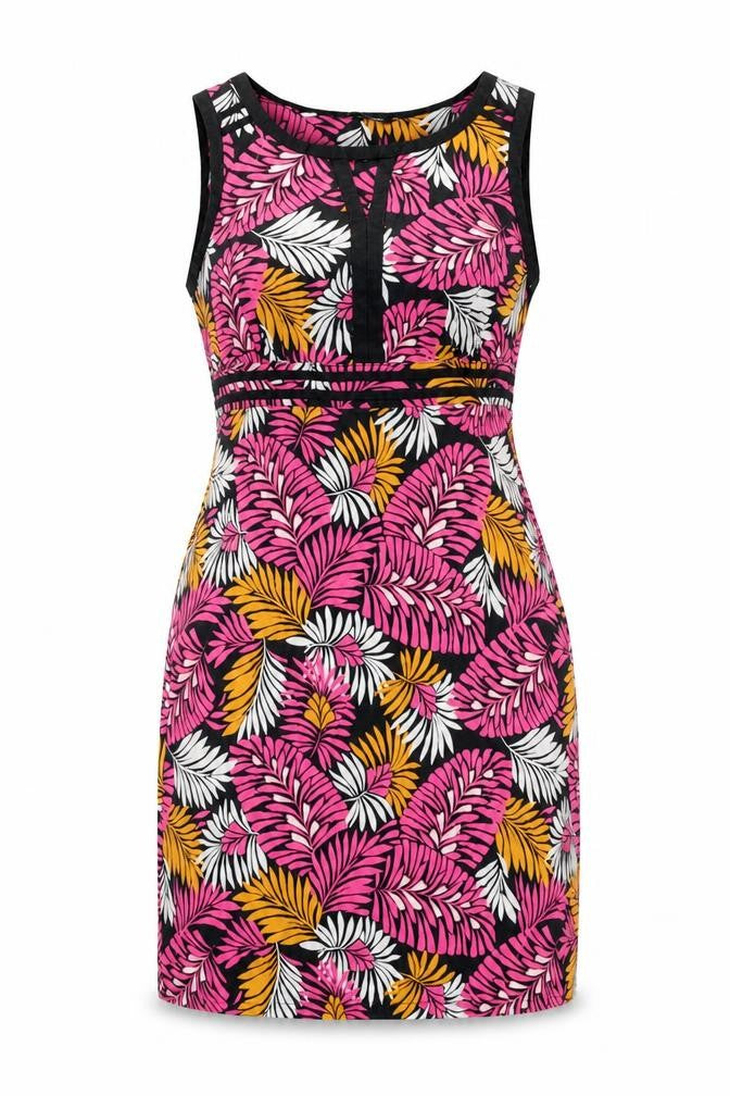 Debenhams Womens Black Geometric Linen Bodycon Size 12 Round Neck Zip - Leaf Print