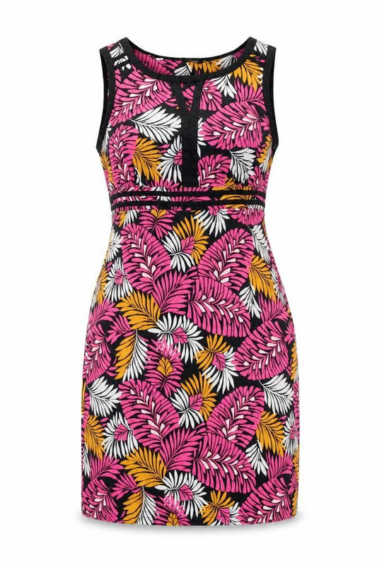 Debenhams Womens Black Geometric Linen Bodycon Size 12 Round Neck Zip - Leaf Print