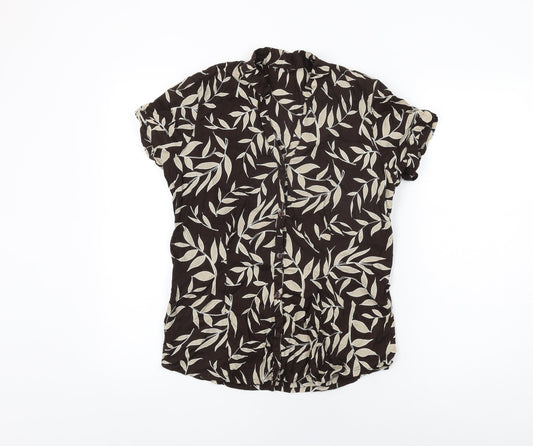 E-vie Womens Brown Geometric Cotton Basic Button-Up Size 10 V-Neck - Leaf Print