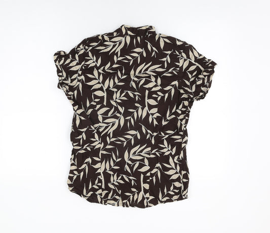 E-vie Womens Brown Geometric Cotton Basic Button-Up Size 10 V-Neck - Leaf Print