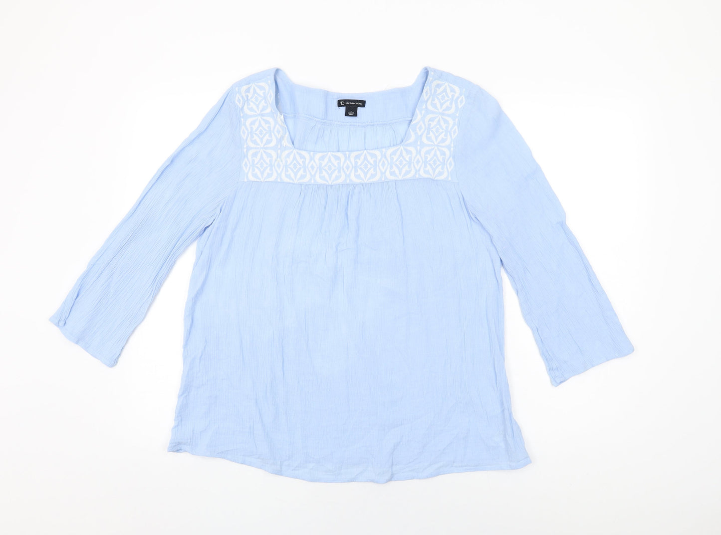 New Directions Womens Blue Cotton Basic T-Shirt Size L Square Neck