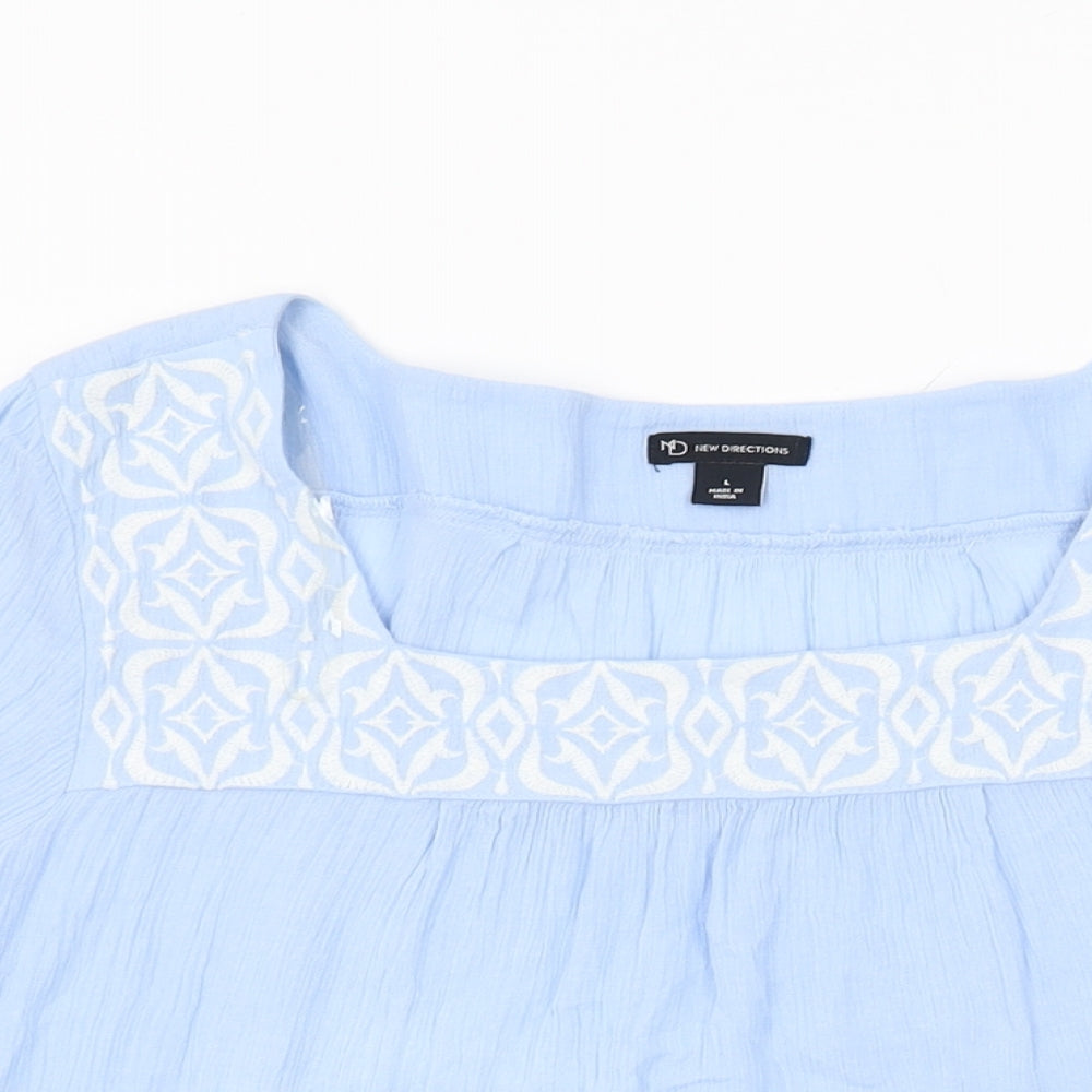 New Directions Womens Blue Cotton Basic T-Shirt Size L Square Neck