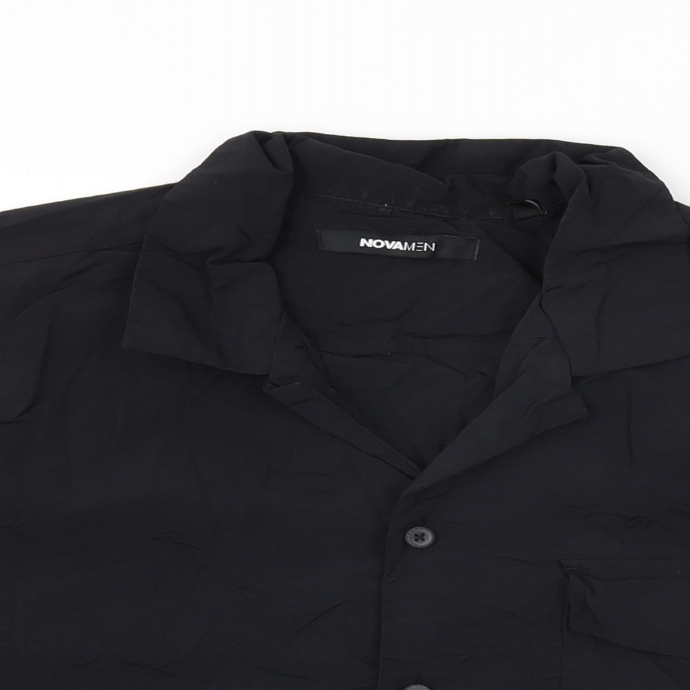 Novamen Mens Black Nylon Button-Up Size M Collared Button