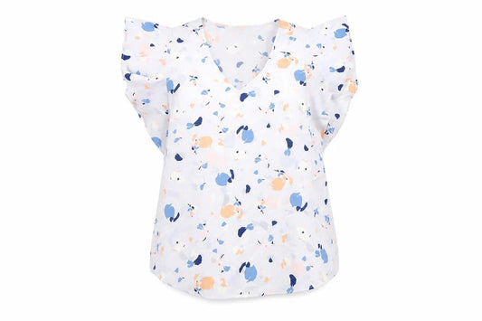 Marks & Spencer Womens Blue Geometric Polyester Basic Blouse Size 16 V-Neck - Frill Detail