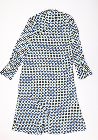 H&M Womens Blue Geometric Polyester Shirt Dress Size S Collared Button