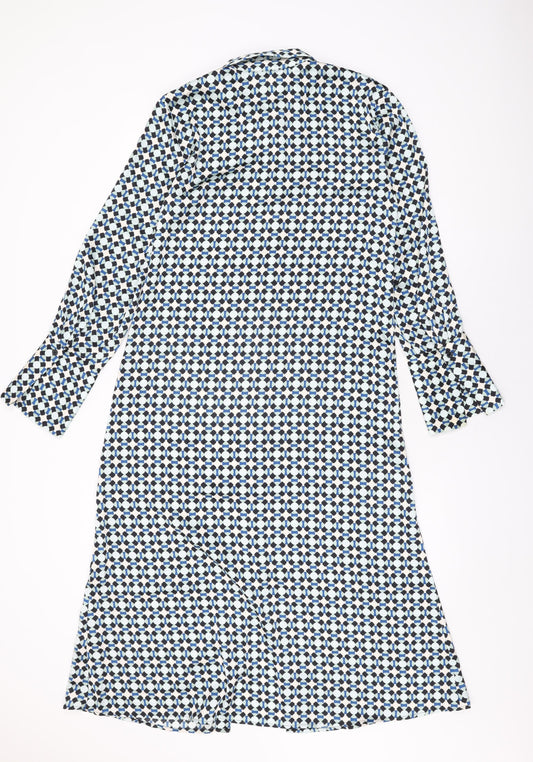 H&M Womens Blue Geometric Polyester Shirt Dress Size S Collared Button