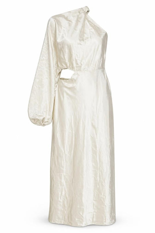 Front view of In the Style women’s beige polyester maxi, size UK 14, one shoulder zip