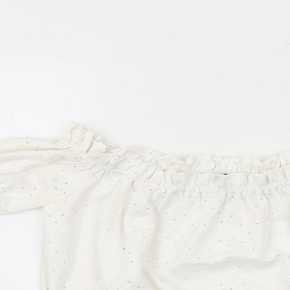 M&Co Girls White Geometric Polyester Basic T-Shirt Size 12 Years Off the Shoulder Pullover
