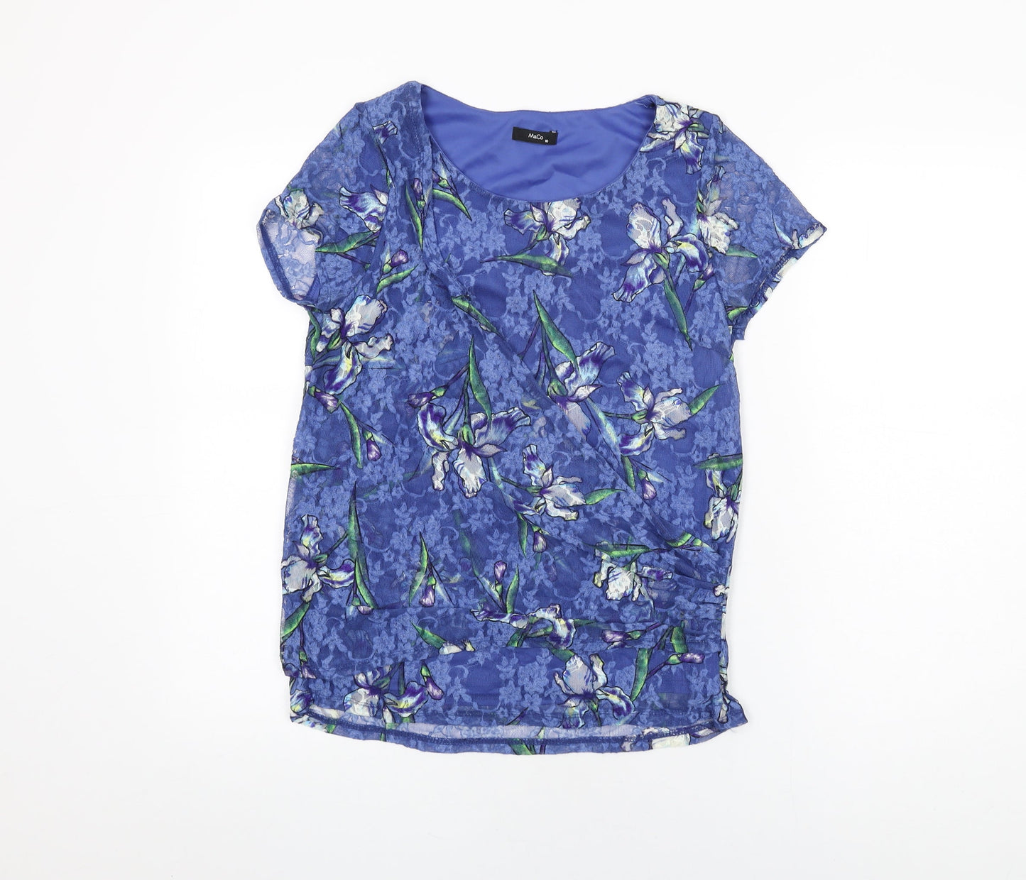M&Co Womens Blue Floral Nylon Basic T-Shirt Size 10 Round Neck