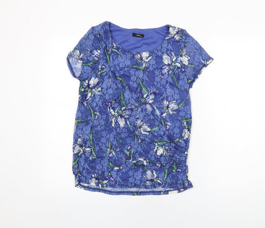 M&Co Womens Blue Floral Nylon Basic T-Shirt Size 10 Round Neck