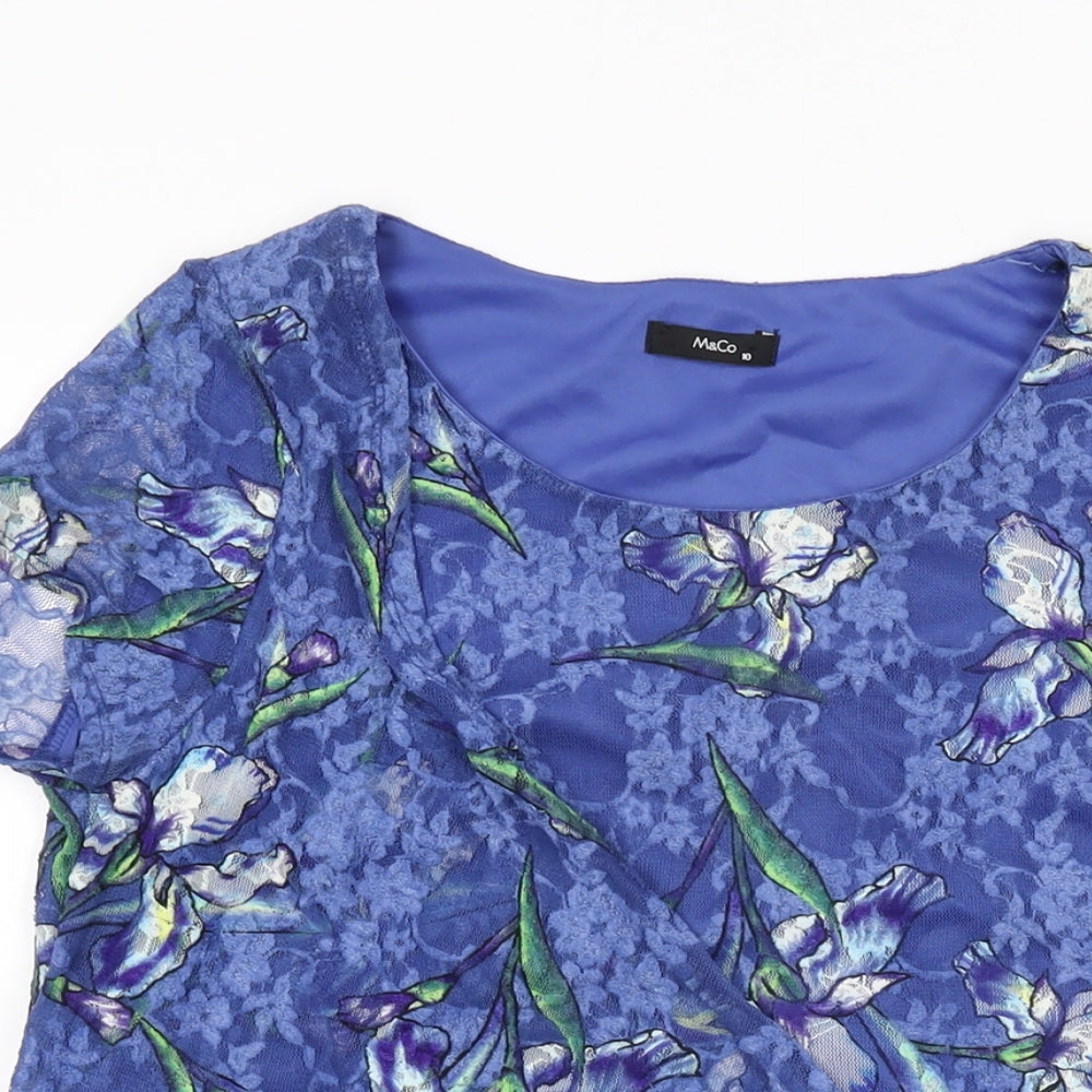M&Co Womens Blue Floral Nylon Basic T-Shirt Size 10 Round Neck