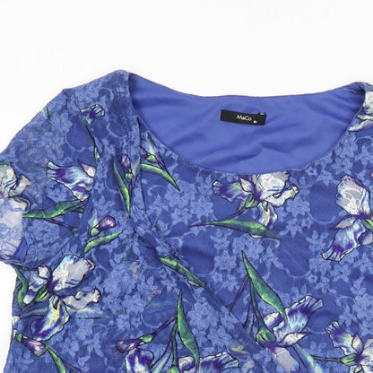 M&Co Womens Blue Floral Nylon Basic T-Shirt Size 10 Round Neck