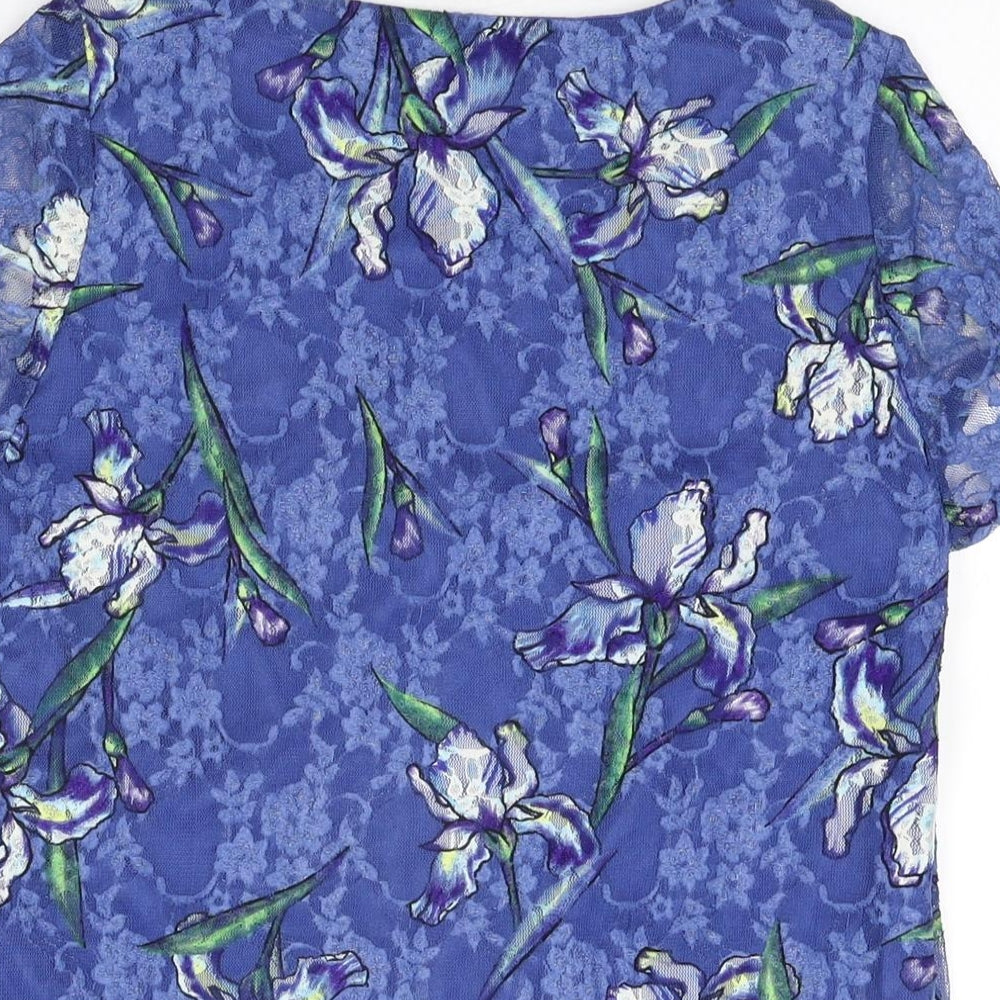 M&Co Womens Blue Floral Nylon Basic T-Shirt Size 10 Round Neck