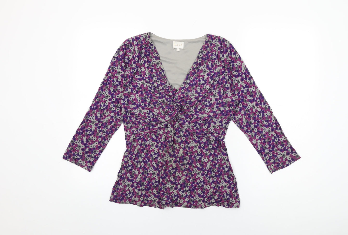 EAST Womens Purple Floral Viscose Basic T-Shirt Size 12 V-Neck