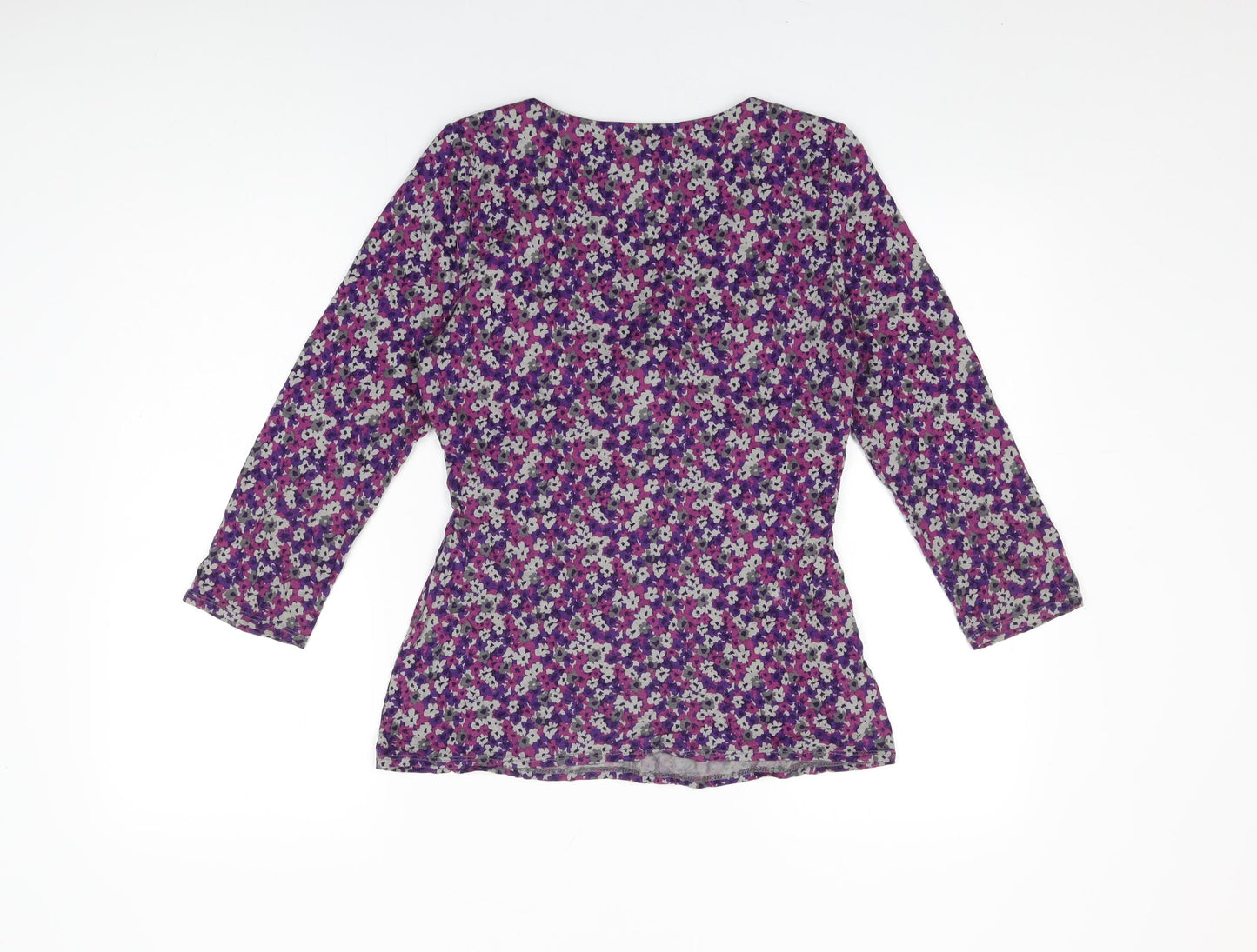 EAST Womens Purple Floral Viscose Basic T-Shirt Size 12 V-Neck