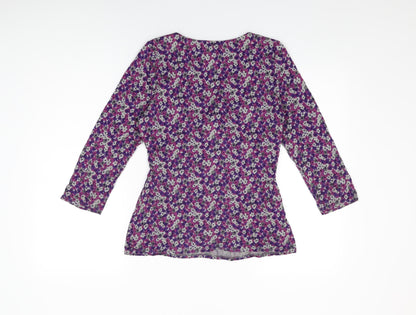 EAST Womens Purple Floral Viscose Basic T-Shirt Size 12 V-Neck