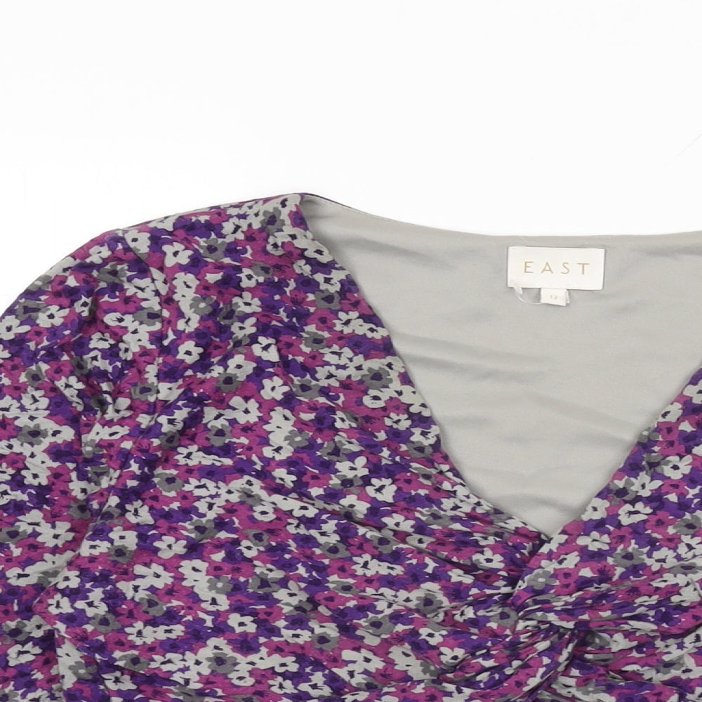 EAST Womens Purple Floral Viscose Basic T-Shirt Size 12 V-Neck