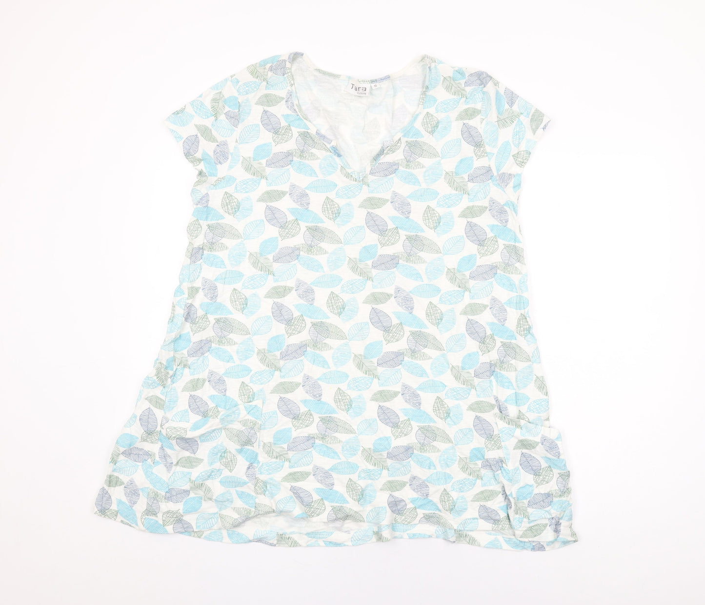 Tara Womens White Geometric Cotton Basic T-Shirt Size 16 V-Neck - Leaf Print