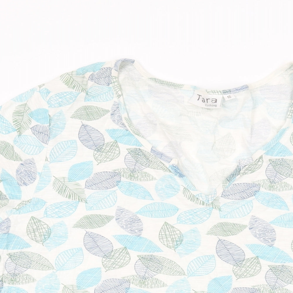 Tara Womens White Geometric Cotton Basic T-Shirt Size 16 V-Neck - Leaf Print
