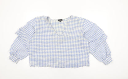 Topshop Womens Blue Geometric Cotton Basic T-Shirt Size 16 V-Neck - Gingham