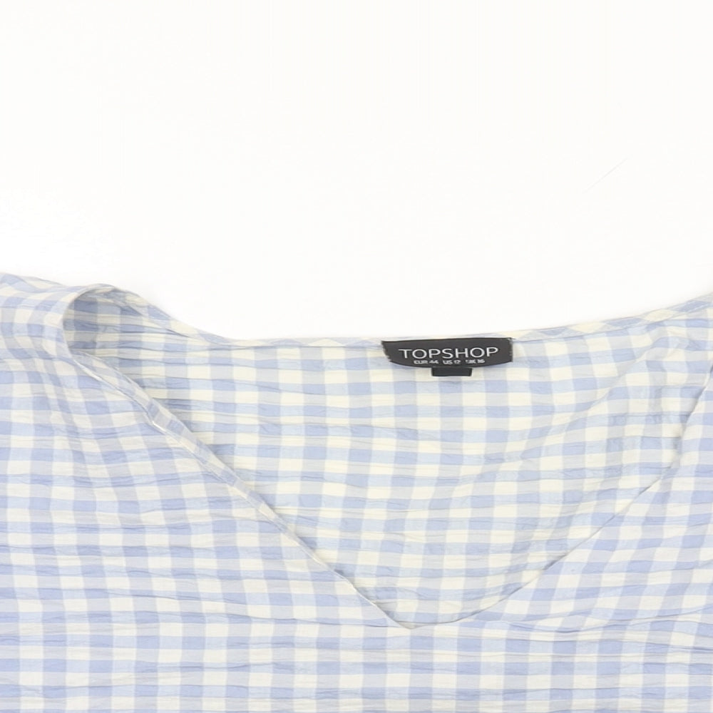 Topshop Womens Blue Geometric Cotton Basic T-Shirt Size 16 V-Neck - Gingham
