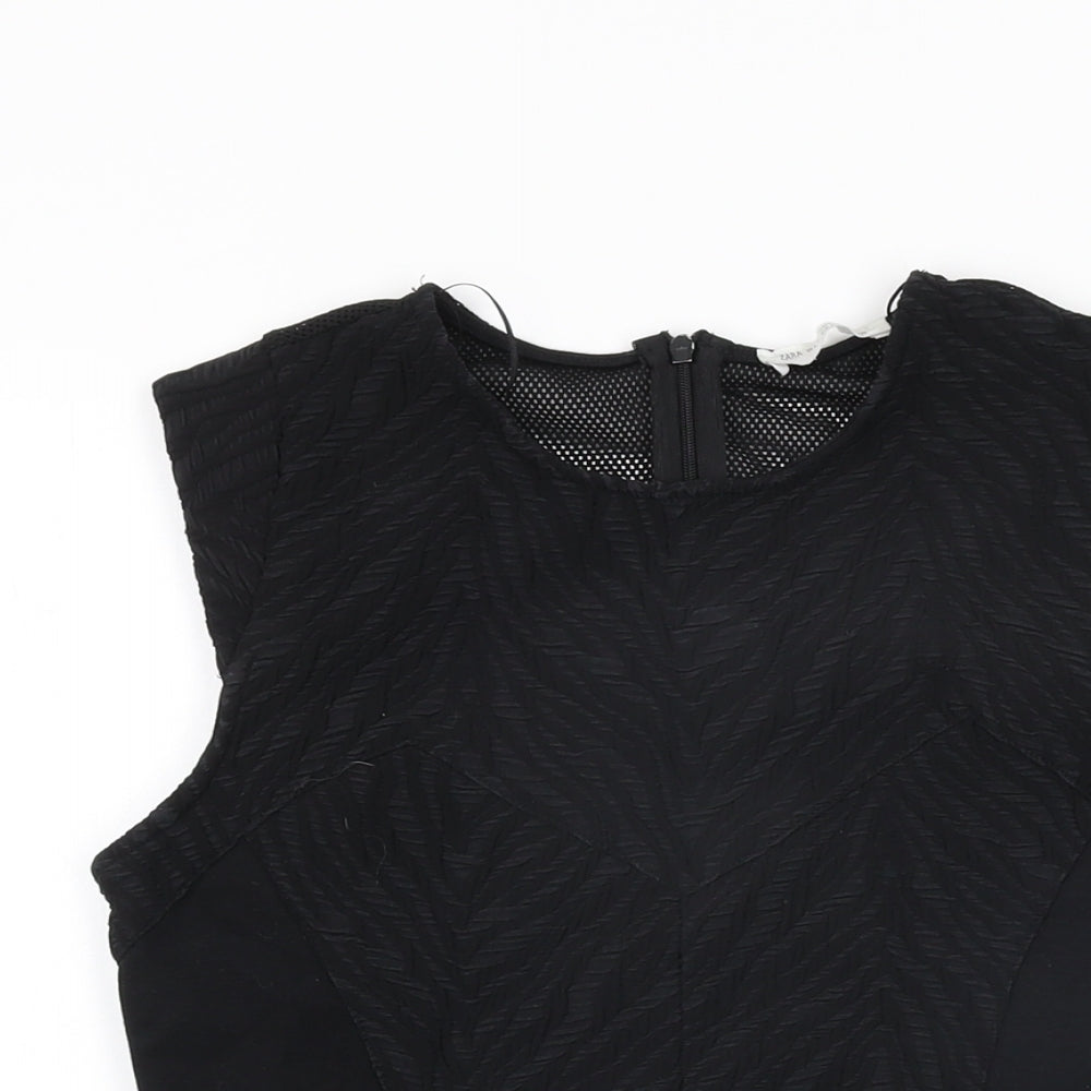 Zara Womens Black Geometric Polyester Basic T-Shirt Size M Round Neck