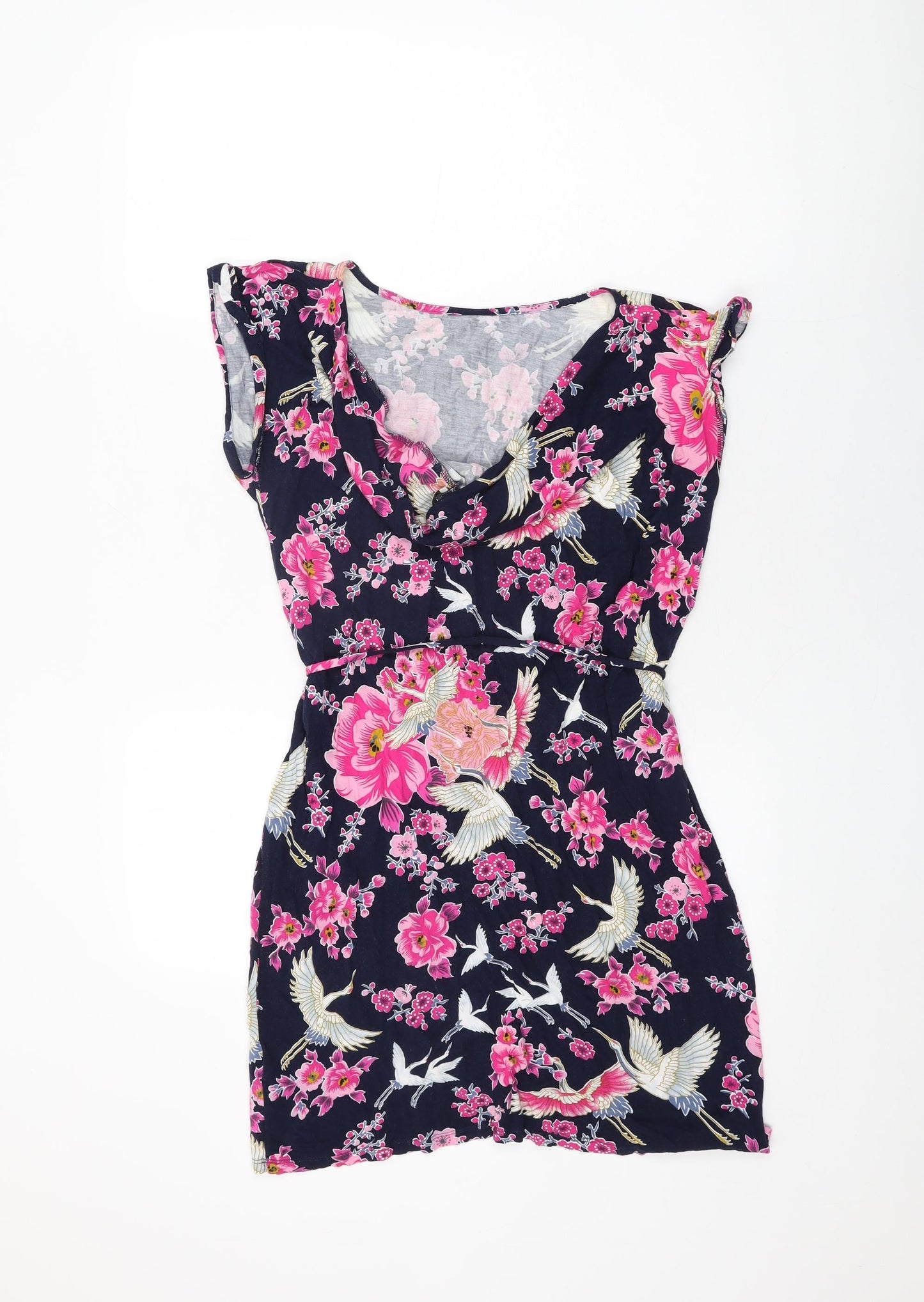 Oasis Womens Blue Floral Viscose Shift Size M Round Neck Pullover - Bird Print