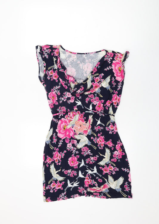 Oasis Womens Blue Floral Viscose Shift Size M Round Neck Pullover - Bird Print