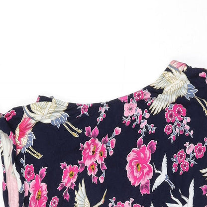 Oasis Womens Blue Floral Viscose Shift Size M Round Neck Pullover - Bird Print