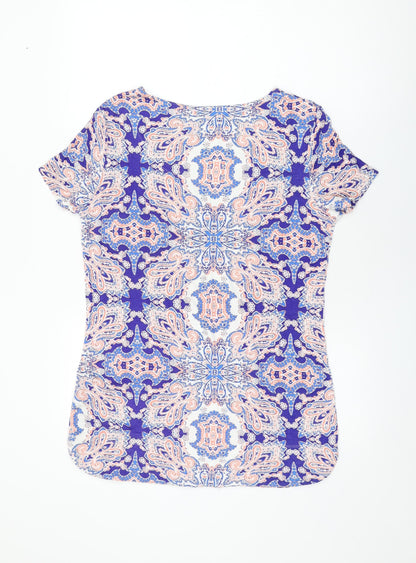 Marks and Spencer Womens Blue Geometric Viscose Basic T-Shirt Size 12 Round Neck