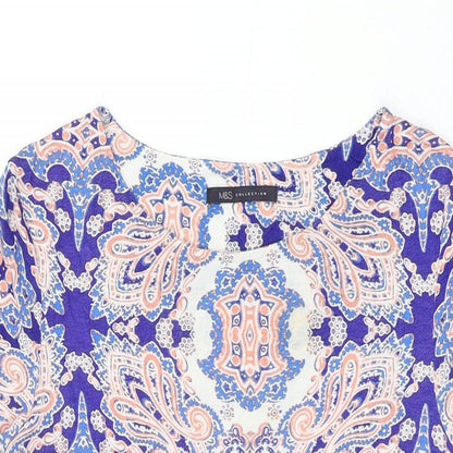 Marks and Spencer Womens Blue Geometric Viscose Basic T-Shirt Size 12 Round Neck
