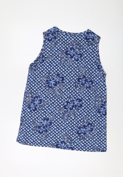 Lands' End Womens Blue Geometric Cotton Basic Tank Size M Round Neck