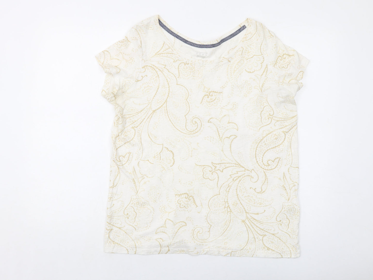 Lands' End Womens Ivory Geometric Cotton Basic T-Shirt Size M Round Neck