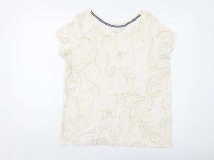 Lands' End Womens Ivory Geometric Cotton Basic T-Shirt Size M Round Neck