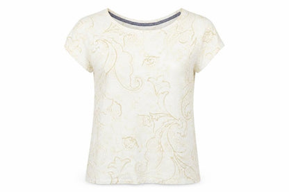 Lands' End Womens Ivory Geometric Cotton Basic T-Shirt Size M Round Neck