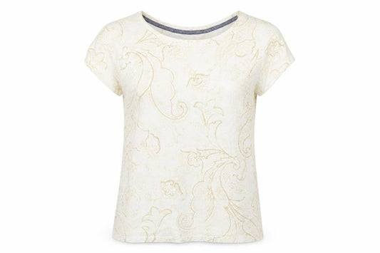 Lands' End Womens Ivory Geometric Cotton Basic T-Shirt Size M Round Neck