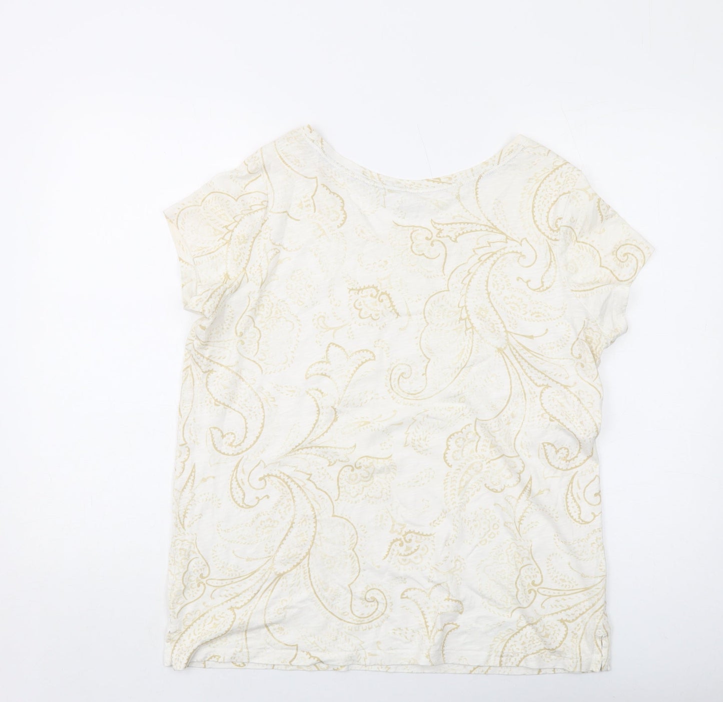 Lands' End Womens Ivory Geometric Cotton Basic T-Shirt Size M Round Neck