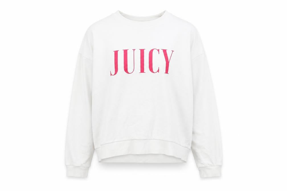 Front view of Juicy Couture girls’ white cotton pullover sweatshirt, size 14-15, years pullover